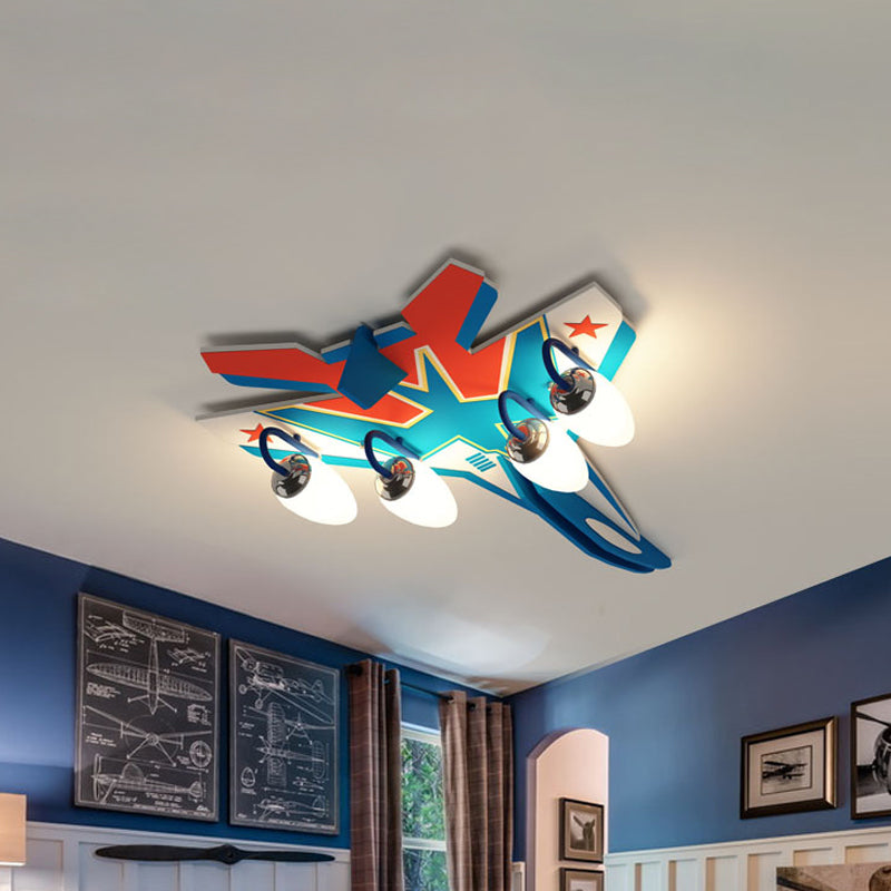 4 têtes Airplane Ceiling Flush Mount with White Glass Shade Kids Flush Light in Blue