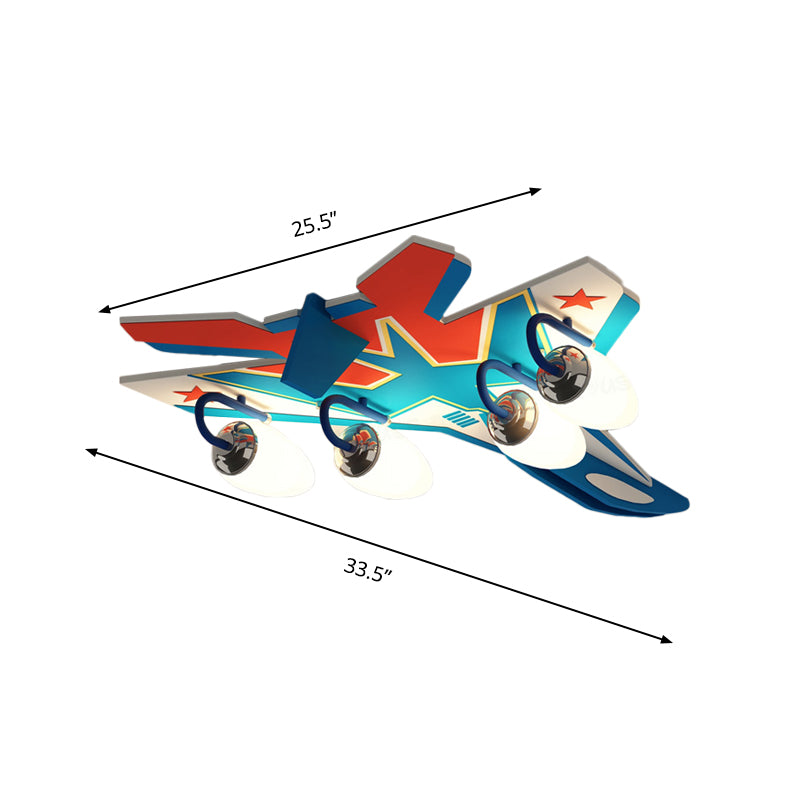 Montaggio ad incasso a soffitto per aeroplano a 4 teste con paralume in vetro bianco Lampada da incasso per bambini in blu