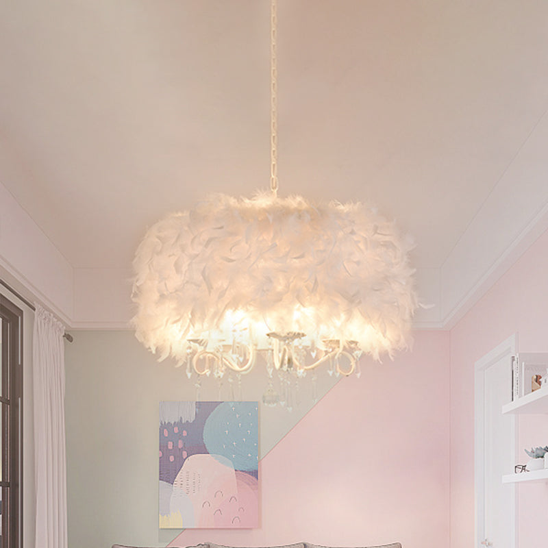 Feather Drum Shade Hanging Chandelier Modern 5 Lights Suspension Light in White for Living Room