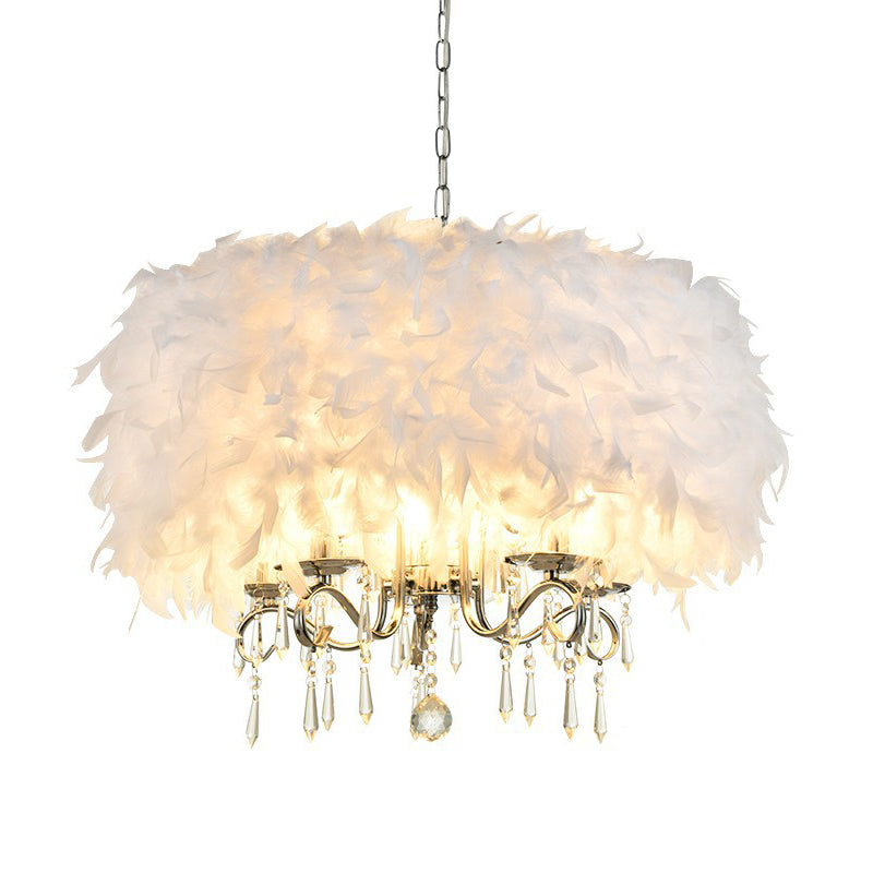 Feather Drum Shade Hanging Chandelier Modern 5 Lights Suspension Light in White for Living Room