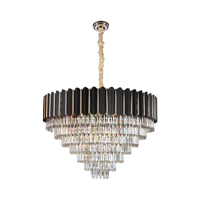 Faceted Crystal Round Shade Chandelier Light with Metal Sheet Modern Multi-Light Ceiling Pendant Light in Black