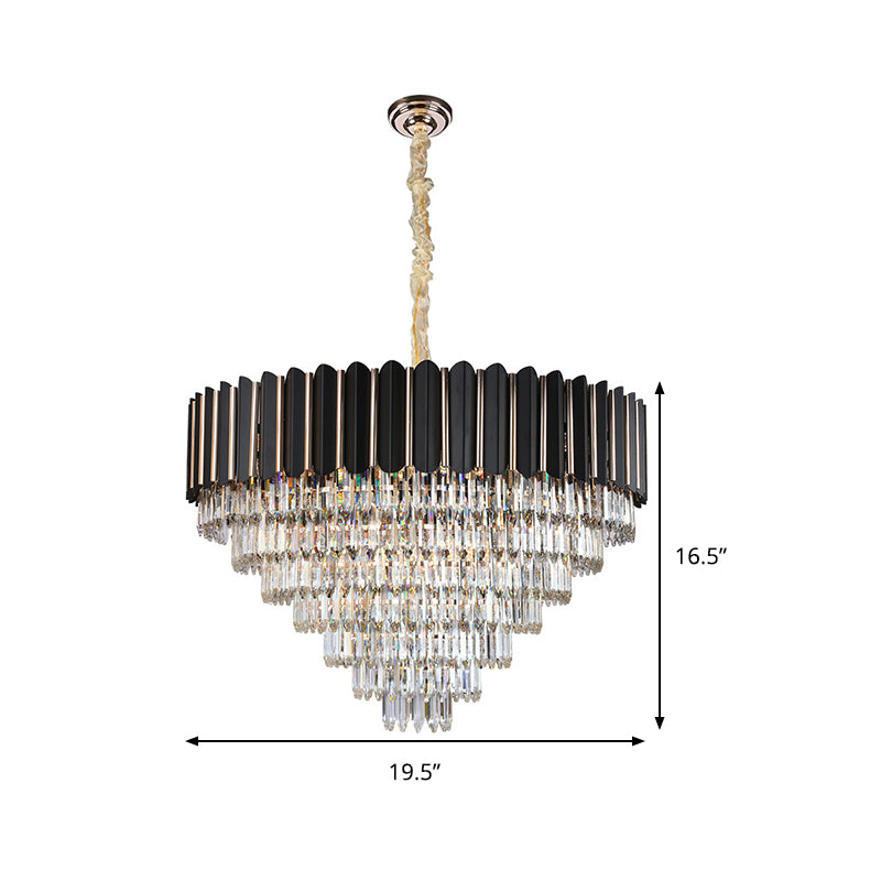 Faceted Crystal Round Shade Chandelier Light with Metal Sheet Modern Multi-Light Ceiling Pendant Light in Black