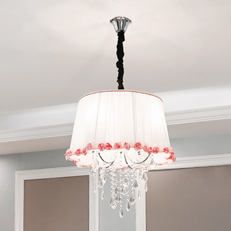 4 Lights Tapered Chandelier Lamp Modern Fabric Pendant Light with Clear Crystal Bead in White and Pink for Bedroom