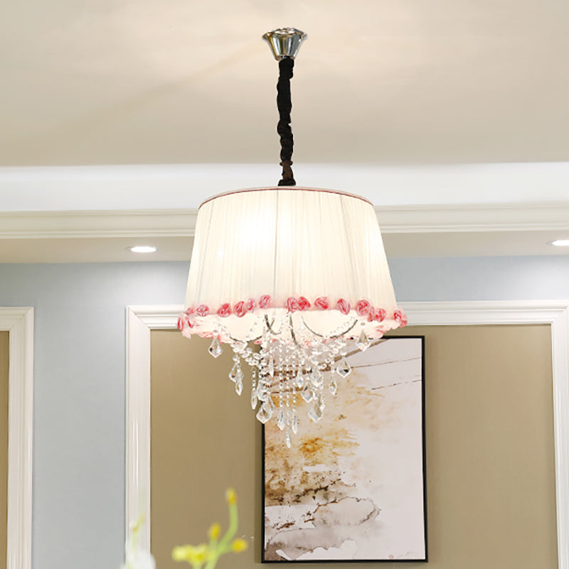 4 Lights Tapered Chandelier Lamp Modern Fabric Pendant Light with Clear Crystal Bead in White and Pink for Bedroom