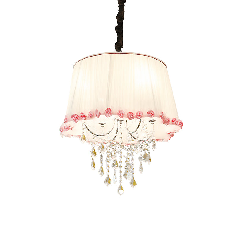 4 Lights Tapered Chandelier Lamp Modern Fabric Pendant Light with Clear Crystal Bead in White and Pink for Bedroom