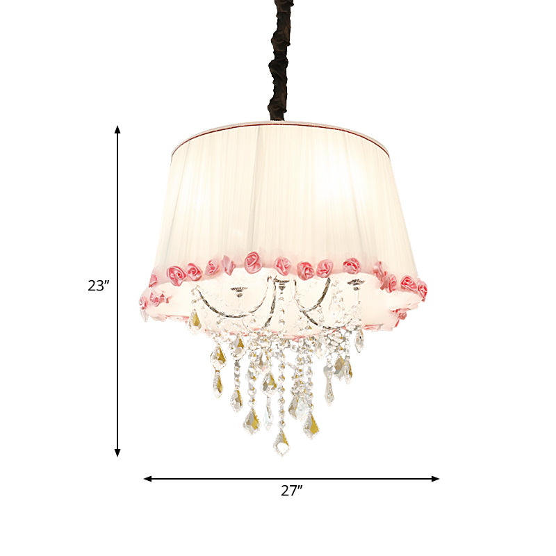 4 Lights Tapered Chandelier Lamp Modern Fabric Pendant Light with Clear Crystal Bead in White and Pink for Bedroom