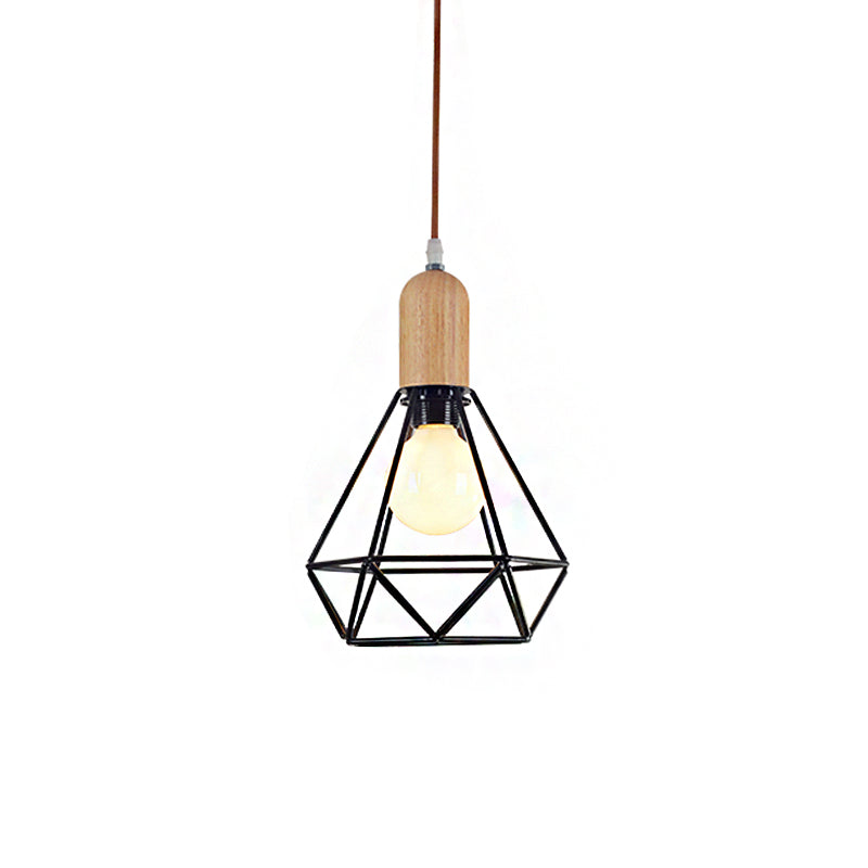 Pear/Diamond/Gourd Cage Pendant Lamp Fixture Metallic Vintage 1 Head Ceiling Hanging Light in Black