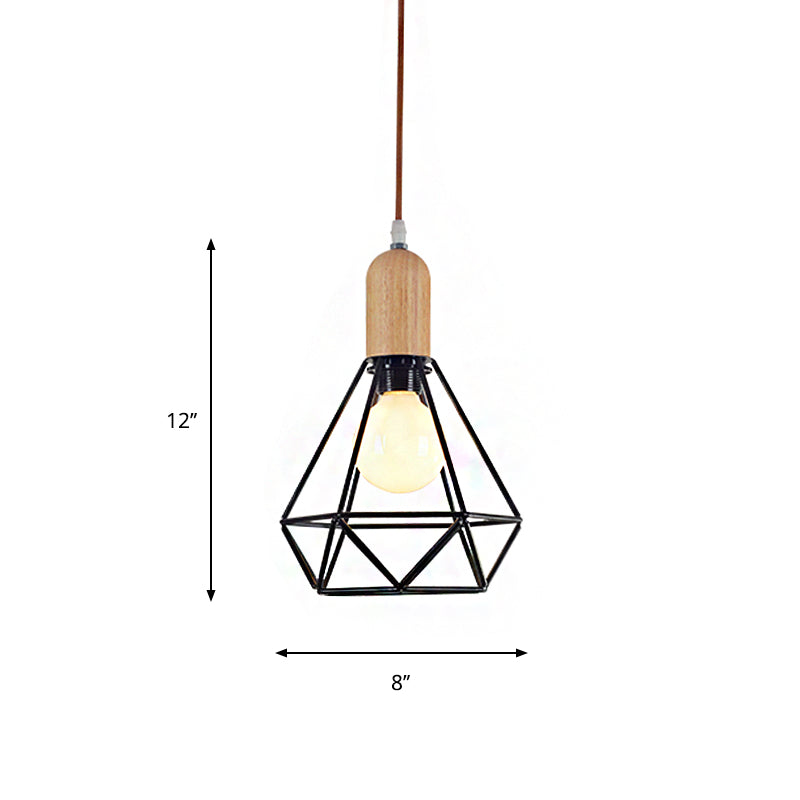 Pear/Diamond/Gourd Cage Pendant Lamp Fixture Metallic Vintage 1 Head Ceiling Hanging Light in Black