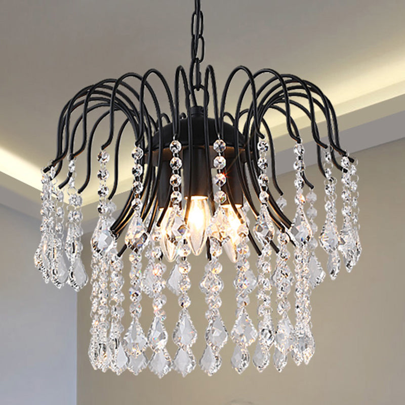 3 Lights Crystal Drop Chandelier Lamp Contemporary Hanging Ceiling Light in Black/White Finish