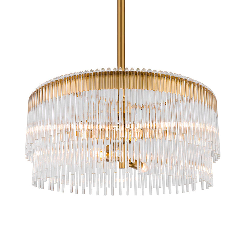 Clear Crystal Pipe Hanging Chandelier Contemporary 6 Lights Ceiling Pendant Light in Brass Finish for Living Room