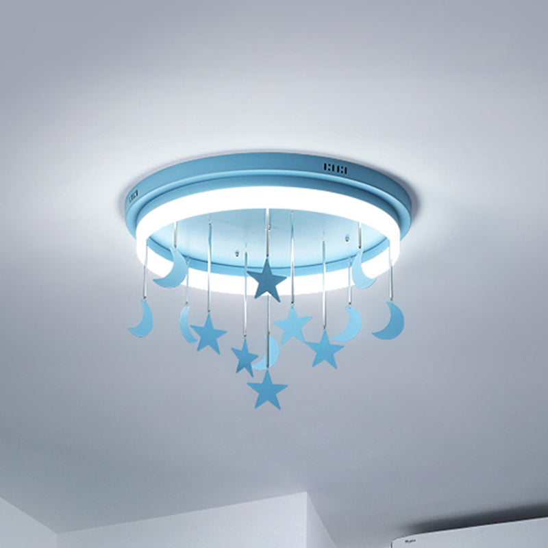 Pink/Blue Round Led Flush Mount Fixture Kids Acrylic Flush Chandelier with Mermaid/Star Decoration, 18"/21.5" Width