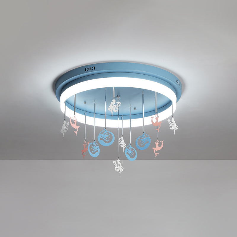 Pink/Blue Round Led Flush Mount Fixture Kids Acrylic Flush Chandelier with Mermaid/Star Decoration, 18"/21.5" Width