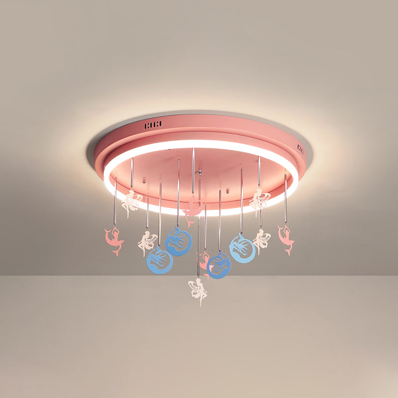 Pink/Blue Round Led Flush Mount Fixture Kids Acrylic Flush Chandelier with Mermaid/Star Decoration, 18"/21.5" Width