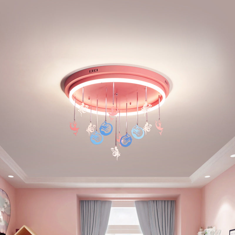 Pink/Blue Round Led Flush Mount Fixture Kids Acrylic Flush Chandelier with Mermaid/Star Decoration, 18"/21.5" Width