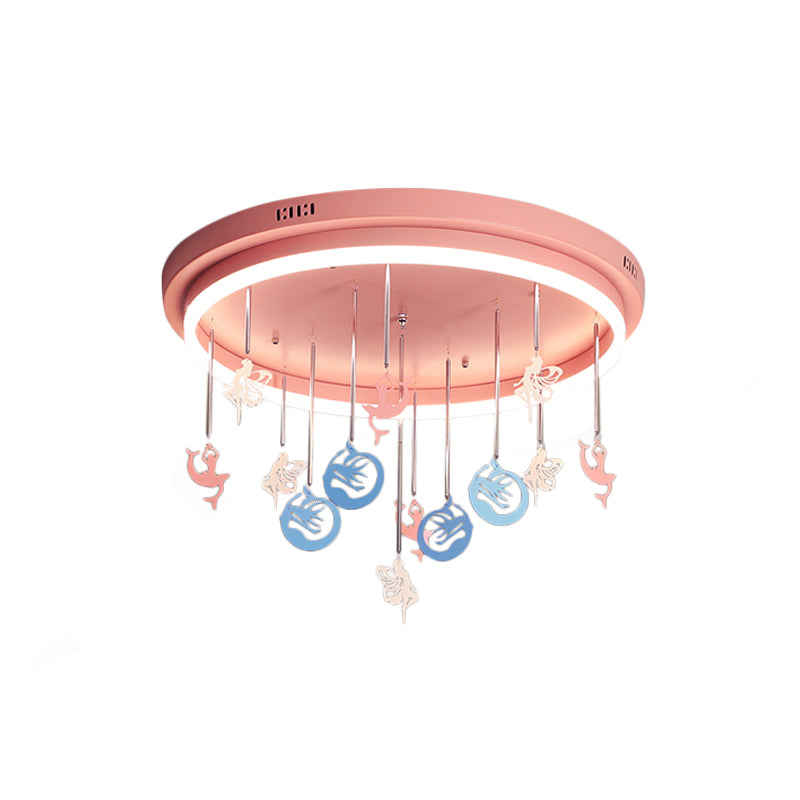 Pink/Blue Round Led Flush Mount Fixture Kids Acrylic Flush Chandelier with Mermaid/Star Decoration, 18"/21.5" Width