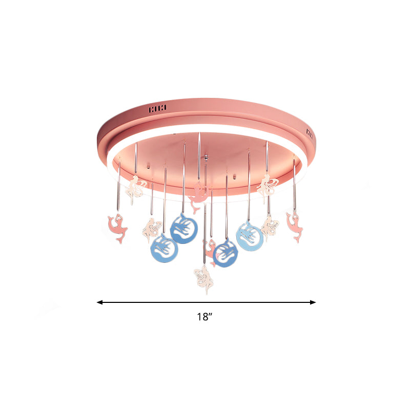 Roze/Blauwe Ronde Led Inbouwarmatuur Kinder Acryl Flush Kroonluchter met Zeemeermin/Ster Decoratie, 18"/21.5" Breedte