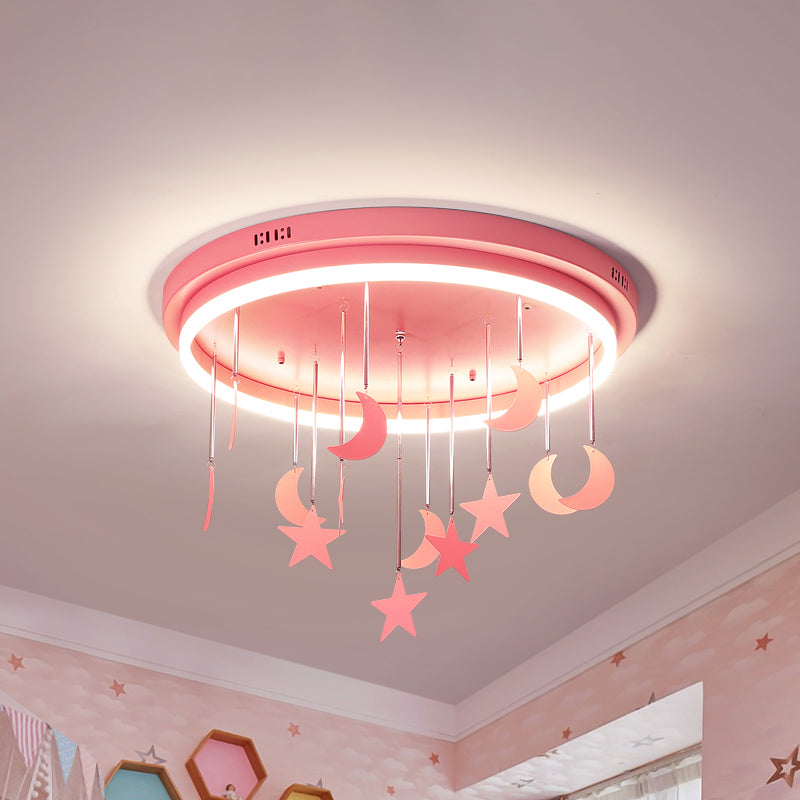 Pink/Blue Round Led Flush Mount Fixture Kids Acrylic Flush Chandelier with Mermaid/Star Decoration, 18"/21.5" Width