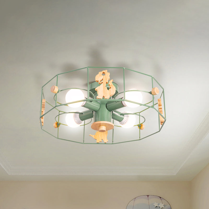 Drum Cage Shade Semi Mount Lighting Cartoon Metal 4 Luci Lampada a soffitto con decorazione di dinosauro in finitura verde