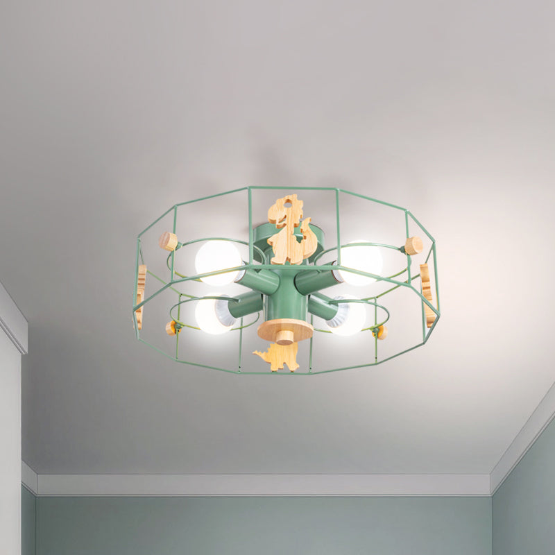 Drum Cage Shade Semi Mont Lighting Cartoon Metal 4 LILS LIMBRE LAPIL LAMPE AVEC DINOSAURE Décoration en finition verte