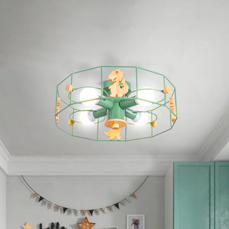 Drum Cage Shade Semi Mount Lighting Cartoon Metal 4 Lights Ceiling Lamp with Dinosaur Decoration in Green Finish