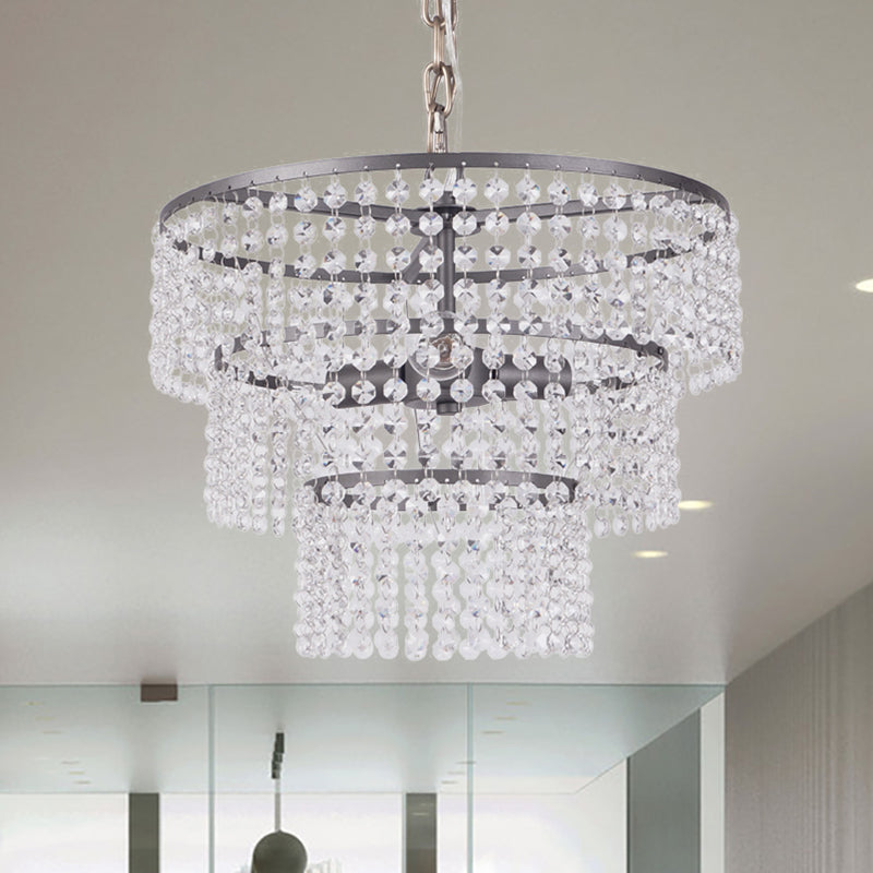 3 Tiers Round Hanging Lamp Modern Metal 3 Lights Chandelier Lighting with Clear Crystal Bead in Matte Black