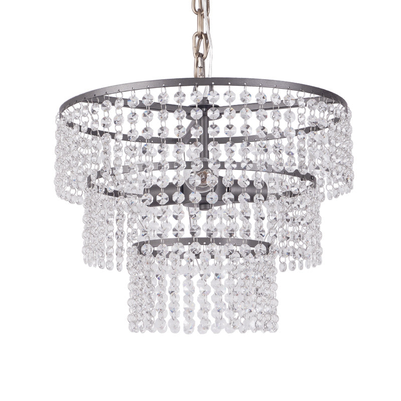 3 Tiers Round Hanging Lamp Modern Metal 3 Lights Chandelier Lighting with Clear Crystal Bead in Matte Black