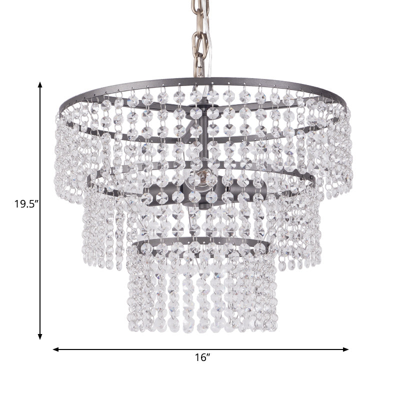 3 Tiers Round Hanging Lamp Modern Metal 3 Lights Chandelier Lighting with Clear Crystal Bead in Matte Black