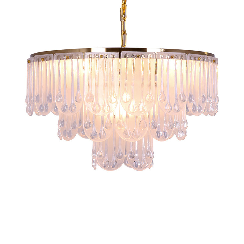 16"/23.5" W Frosted Glass Tiered Chandelier Light Modernist 3/8 Lights Hanging Lamp with Metal Chain in Gold