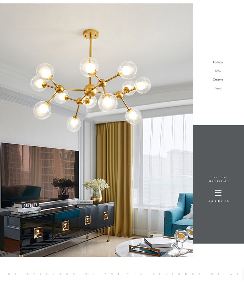 Clear Globe Shape Glass Chandelier Light Molecular Frosted Iron Modern Pendant Lighting in Gold