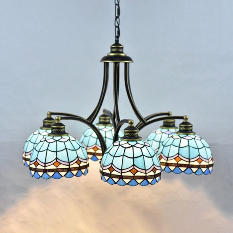 Blue Stained Glass Tiffany Chandelier 6-light 23.5" Wide Living Room Hanging Light with Adjustable Chain