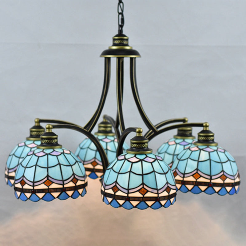 Blue Stained Glass Tiffany Chandelier 6-light 23.5" Wide Living Room Hanging Light with Adjustable Chain