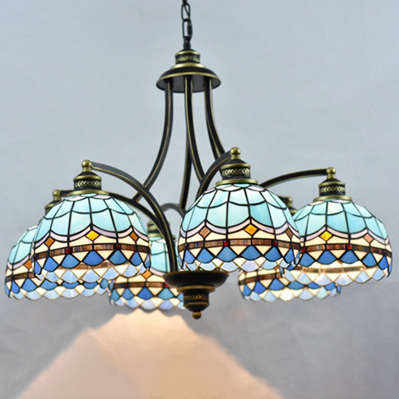 Blue Stained Glass Tiffany Chandelier 6-light 23.5" Wide Living Room Hanging Light with Adjustable Chain