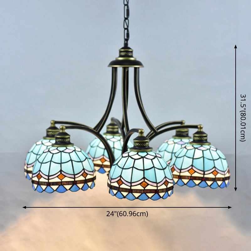 Blue Stained Glass Tiffany Chandelier 6-light 23.5" Wide Living Room Hanging Light with Adjustable Chain