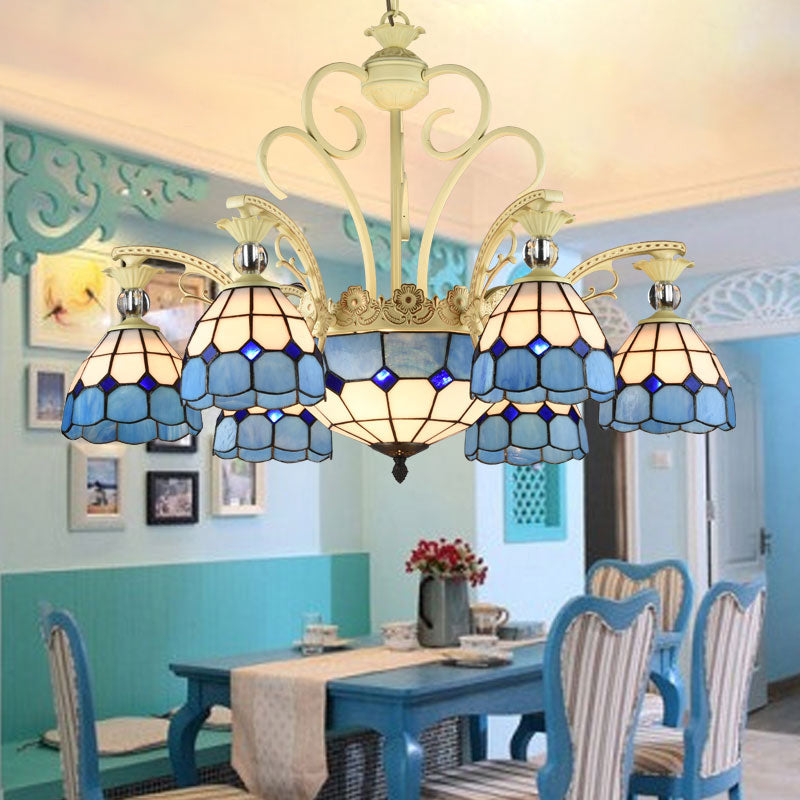 Lattice Motif Tiffany Chandelier with Stained Glass Shade Living Room Restaurant Hanging Pendant Lamp with Crystal Ball Embellishment