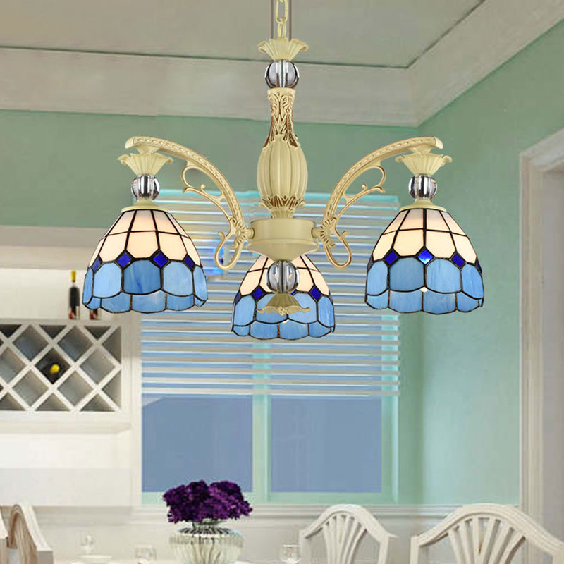 Lattice Motif Tiffany Chandelier with Stained Glass Shade Living Room Restaurant Hanging Pendant Lamp with Crystal Ball Embellishment