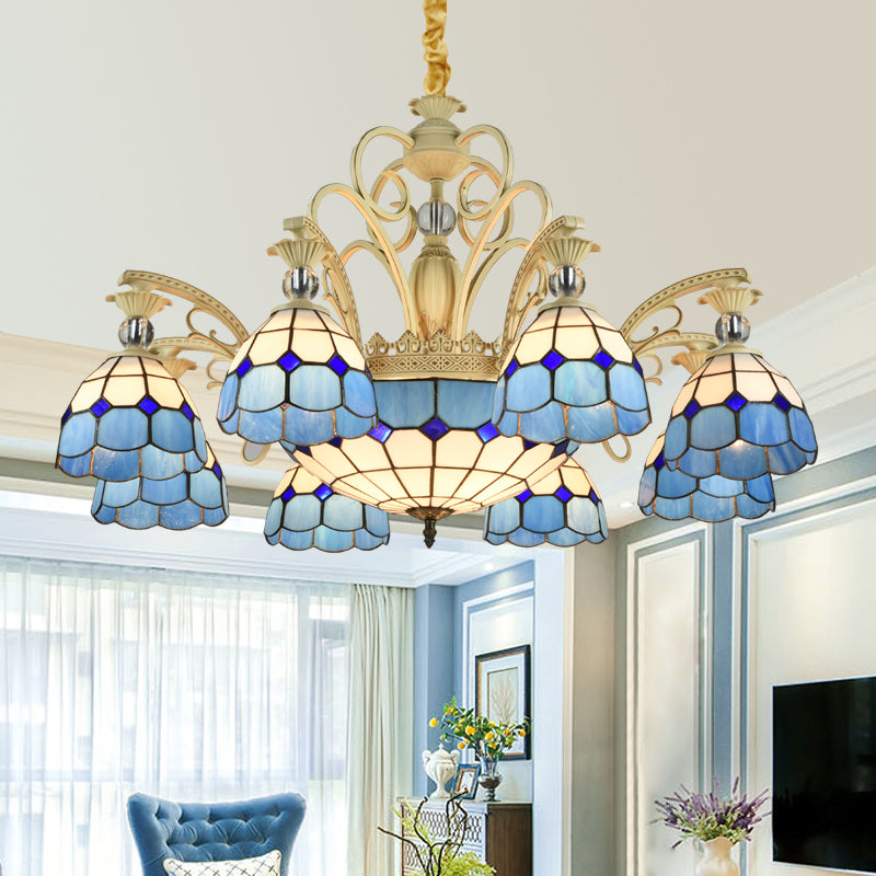 Lattice Motif Tiffany Chandelier with Stained Glass Shade Living Room Restaurant Hanging Pendant Lamp with Crystal Ball Embellishment