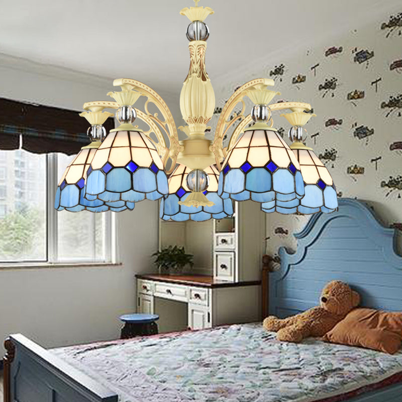 Lattice Motif Tiffany Chandelier with Stained Glass Shade Living Room Restaurant Hanging Pendant Lamp with Crystal Ball Embellishment