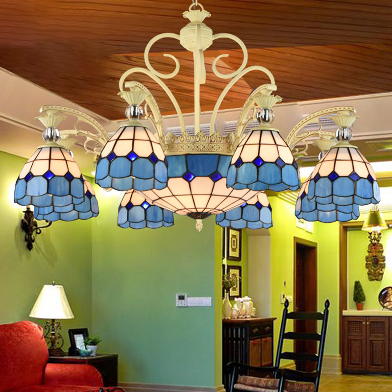 Lattice Motif Tiffany Chandelier with Stained Glass Shade Living Room Restaurant Hanging Pendant Lamp with Crystal Ball Embellishment