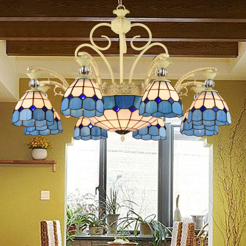 Lattice Motif Tiffany Chandelier with Stained Glass Shade Living Room Restaurant Hanging Pendant Lamp with Crystal Ball Embellishment