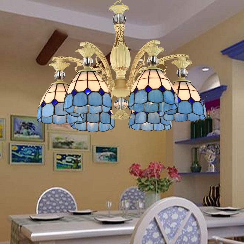 Lattice Motif Tiffany Chandelier with Stained Glass Shade Living Room Restaurant Hanging Pendant Lamp with Crystal Ball Embellishment