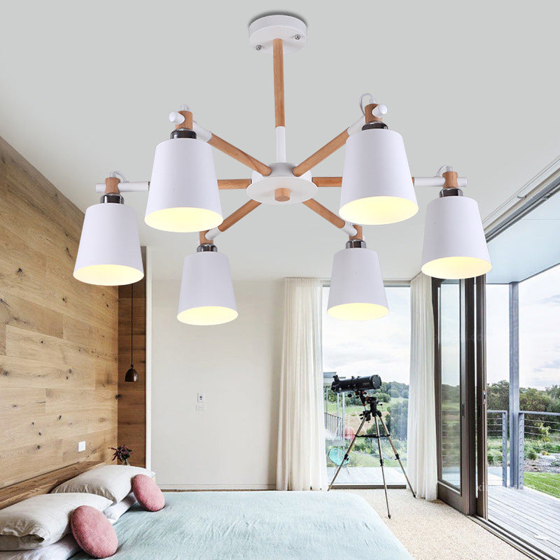 Modern Minimalist Rubber Wood Chandelier Matte Metal Lampshade Pendant Light for Living Room