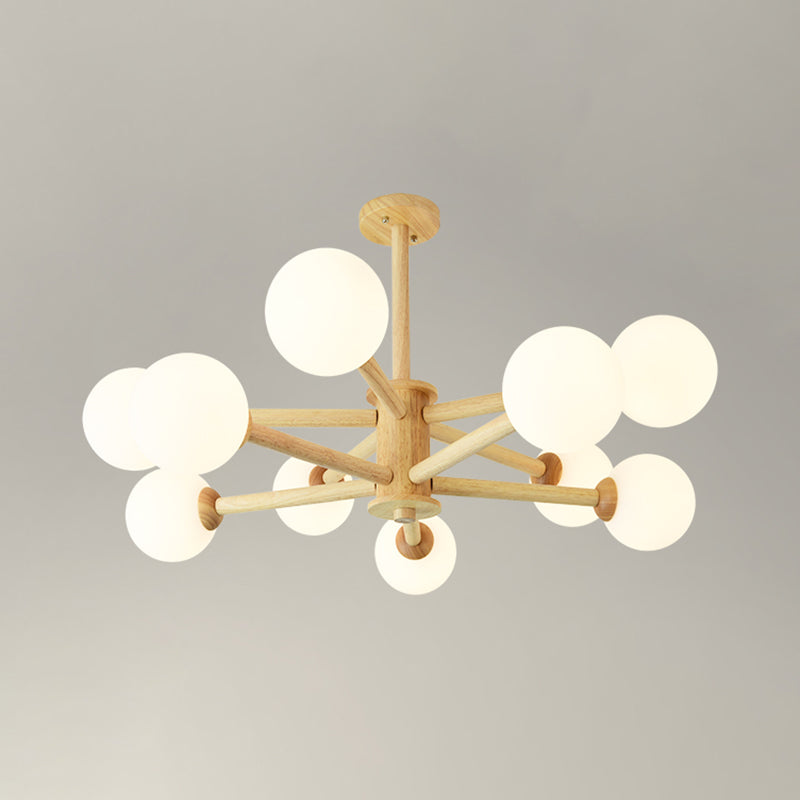 Béige en bois massif léger suspension simplicité moderne lampe à lustre à nuance en verre givré blanc pour chambre à coucher pour le salon