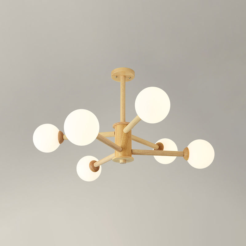 Béige en bois massif léger suspension simplicité moderne lampe à lustre à nuance en verre givré blanc pour chambre à coucher pour le salon