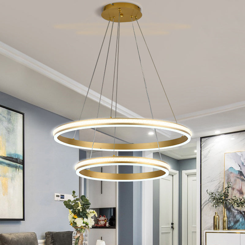 16"+24" Diameter 2-Tiered Ring LED Chandelier Aluminum Gold LED Hanging Pendant Light with Diamond Stripes Acrylic Shade