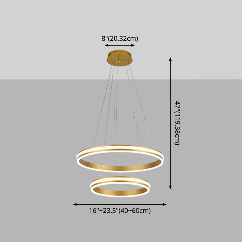 16"+24" Diameter 2-Tiered Ring LED Chandelier Aluminum Gold LED Hanging Pendant Light with Diamond Stripes Acrylic Shade