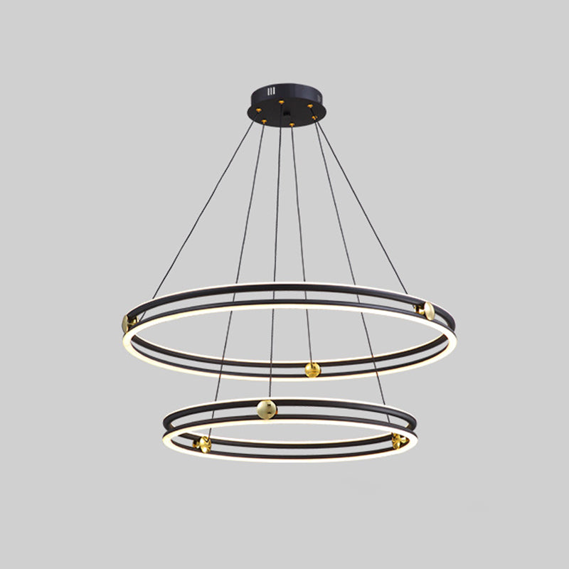 Hollow Ring Shape Hanging Chandelier Light Modern Multi Tiered Black Pendant Lamp with Frosted Silicone Shade