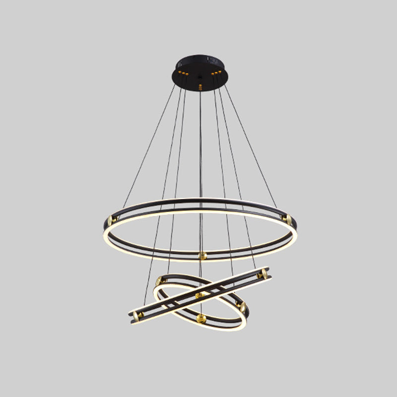 Hollow Ring Shape Hanging Chandelier Light Modern Multi Tiered Black Pendant Lamp with Frosted Silicone Shade