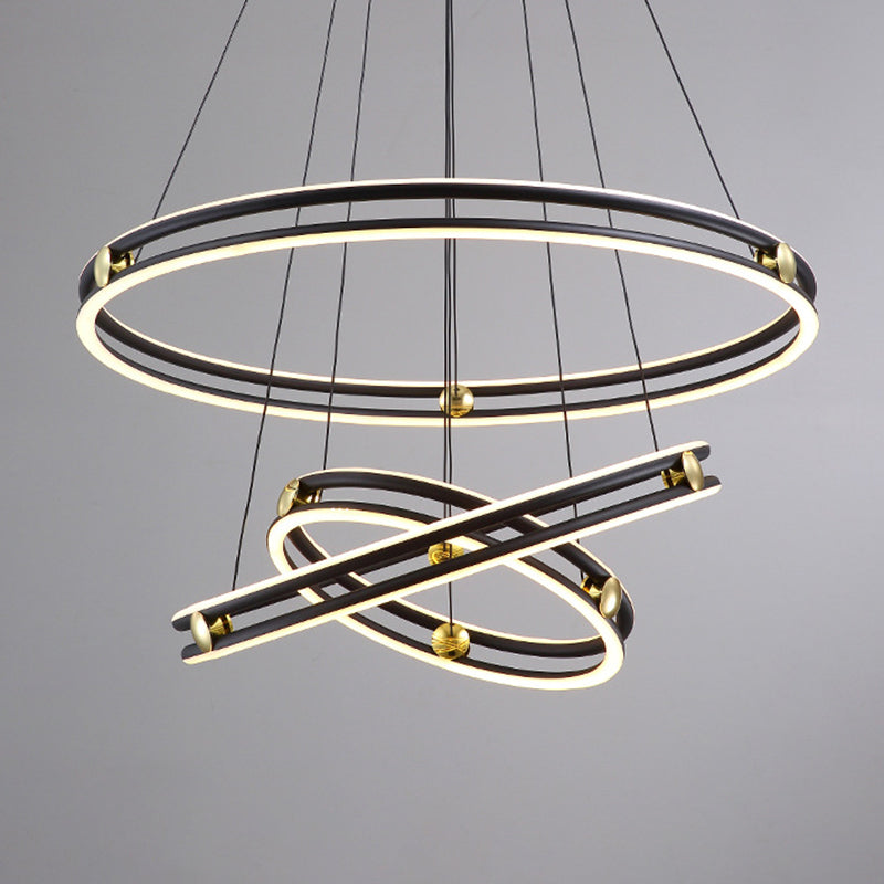 Hollow Ring Shape Hanging Chandelier Light Modern Multi Tiered Black Pendant Lamp with Frosted Silicone Shade