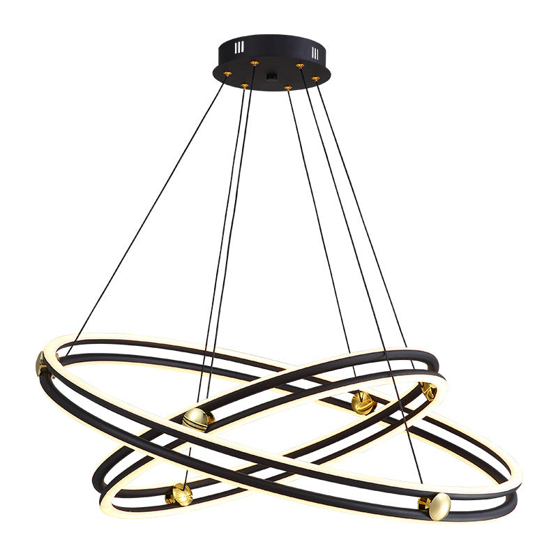 Hollow Ring Shape Hanging Chandelier Light Modern Multi Tiered Black Pendant Lamp with Frosted Silicone Shade