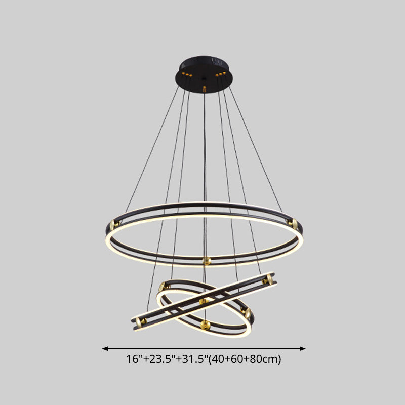 Hollow Ring Shape Hanging Chandelier Light Modern Multi Tiered Black Pendant Lamp with Frosted Silicone Shade